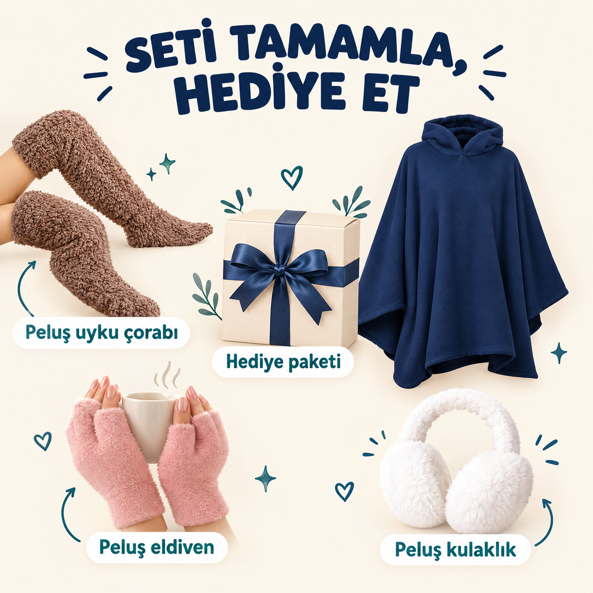 Gift set with plush socks, gloves and headphones